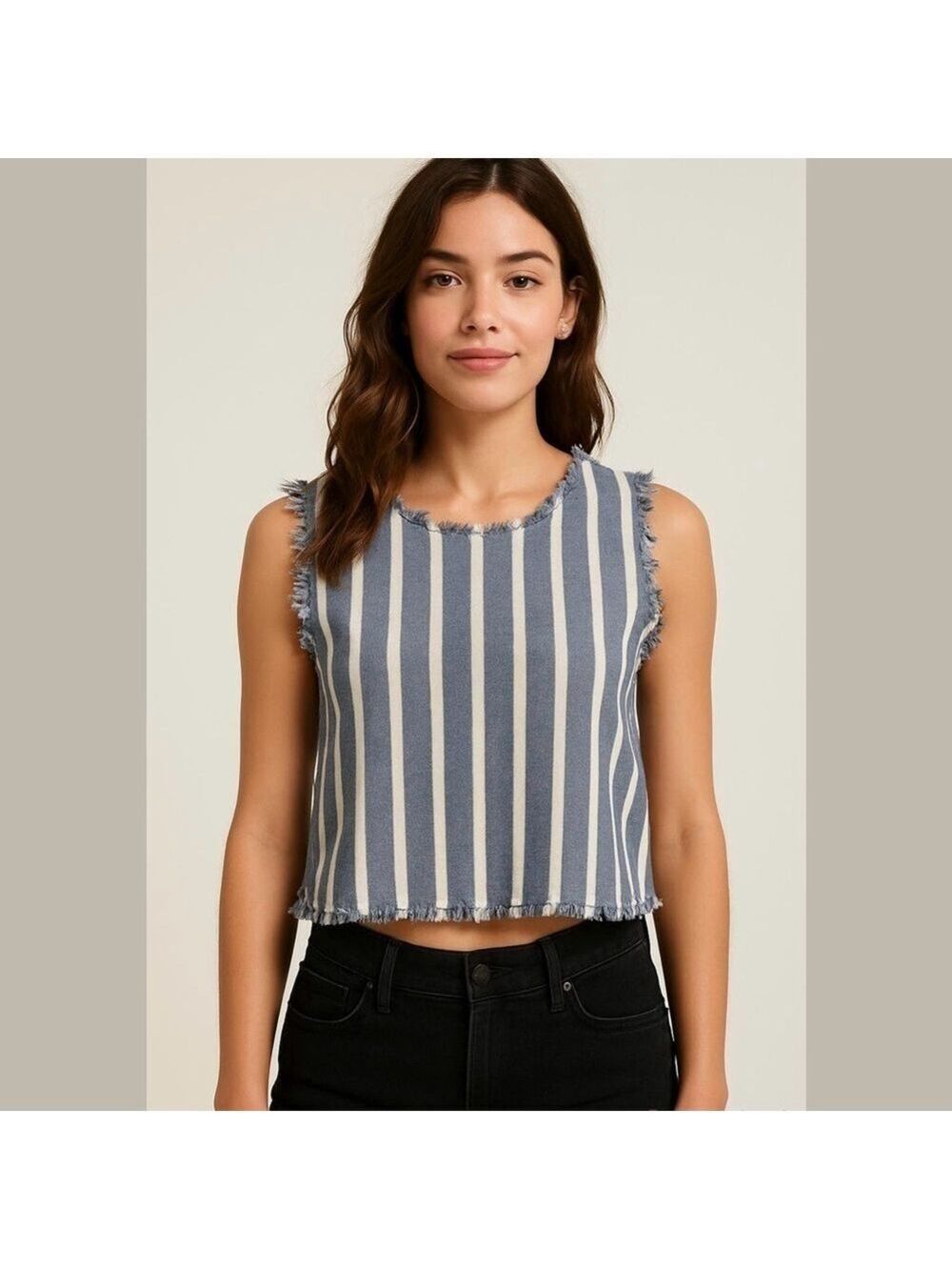 CLOTH & STONE WOMEN’S FRAY BUTTON BACK CROPPED TANK TOP LINEN blend Sz Large